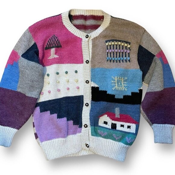 Vintage 80s Womens Cardigan Sz Small Medium Handknit Boho Wool Farmhouse Bobble - Picture 2 of 7